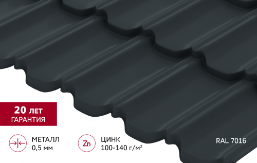 Металлочерепица Гранд Лайн / Grand Line, коллекция Kvinta uno (модульная), 0,5 Satin Zn 140, цвет RAL 7016 (антрацитово-серый) 